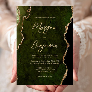 Invitation Mariage Moderne à l'encre dorée sur agate vert oli