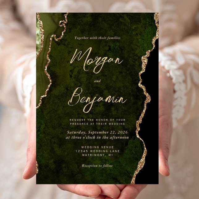 Invitation Mariage Moderne à l'encre dorée sur agate vert oli (Créateur téléchargé)