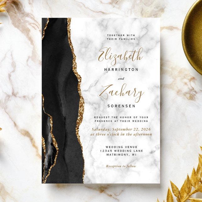Invitation Mariage Moderne à Marbre d'Agate Noir et Or (Créateur téléchargé)