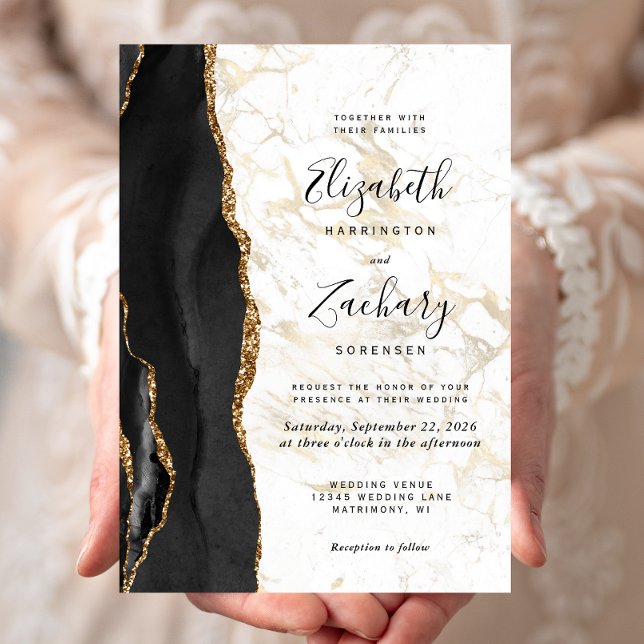 Invitation Mariage Moderne à Marbre Noir et Agate Dorée (Créateur téléchargé)