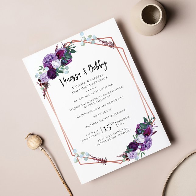 Invitation Mariage Moderne à Motif Floral Violet (Purple Floral Geometric Wedding Invitation)