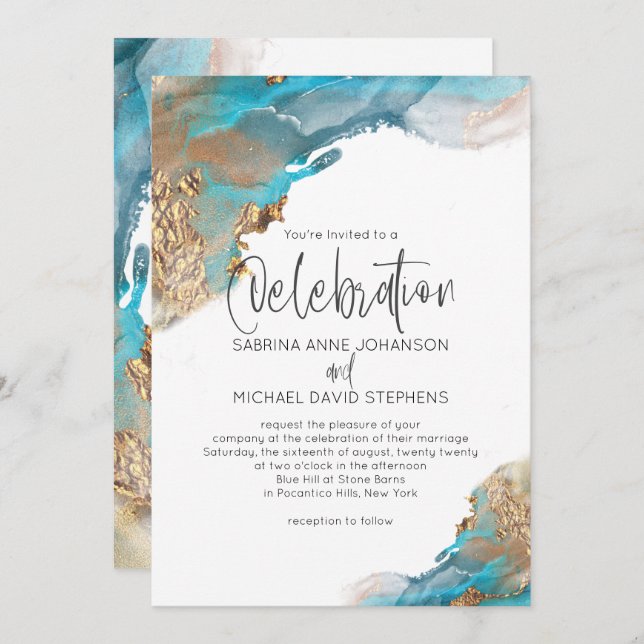 Invitation Mariage Moderne Abstrait Aqua Gold Marble (Devant / Derrière)