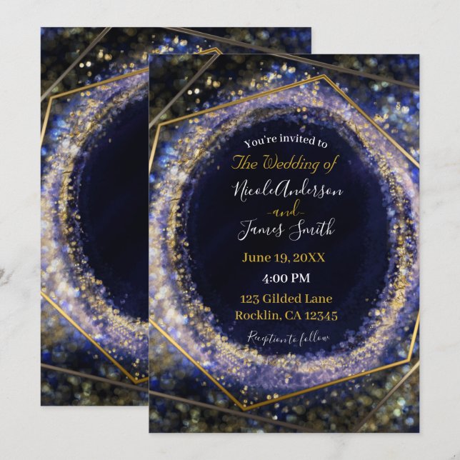 Invitation Mariage Moderne Abstrait Glamour Or Violet Améthys (Devant / Derrière)