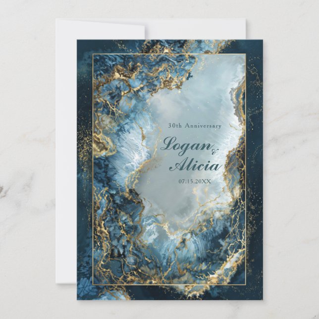 Invitation Mariage Moderne Abstrait Marine Indigo Doré Marbre (Devant)