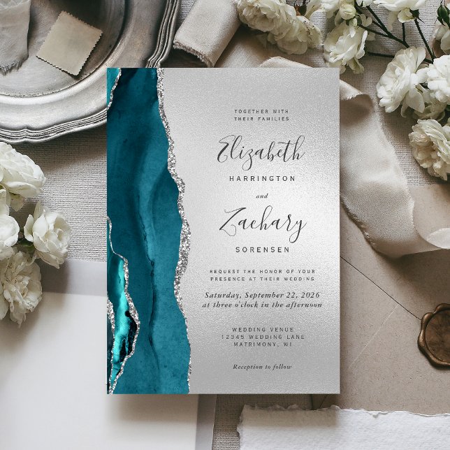 Invitation Mariage Moderne Agate Bleu Vert Argent (Créateur téléchargé)