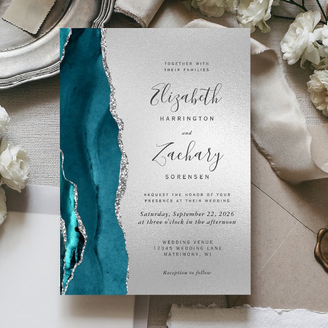 Invitation Mariage Moderne Agate Bleu Vert Argent (Créateur téléchargé)