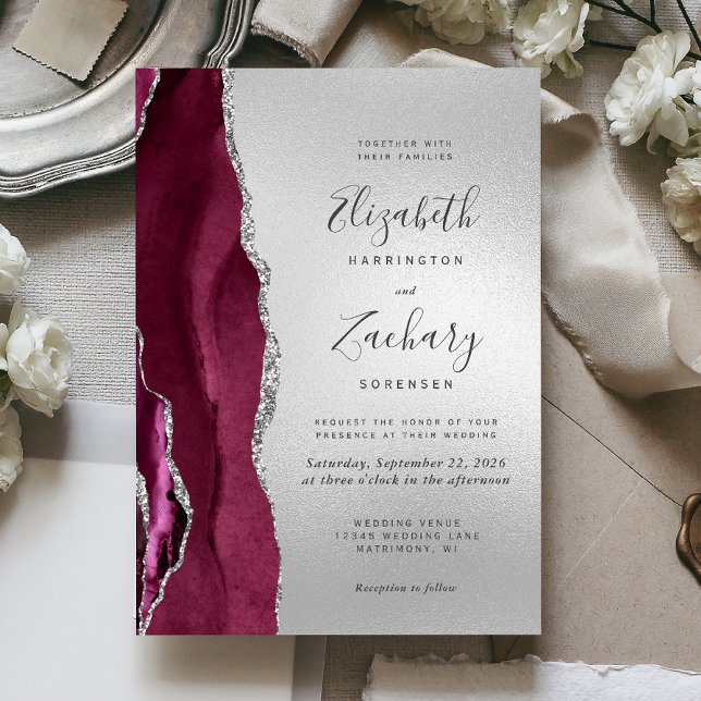 Invitation Mariage Moderne Agate Bourguignon Argent (Créateur téléchargé)