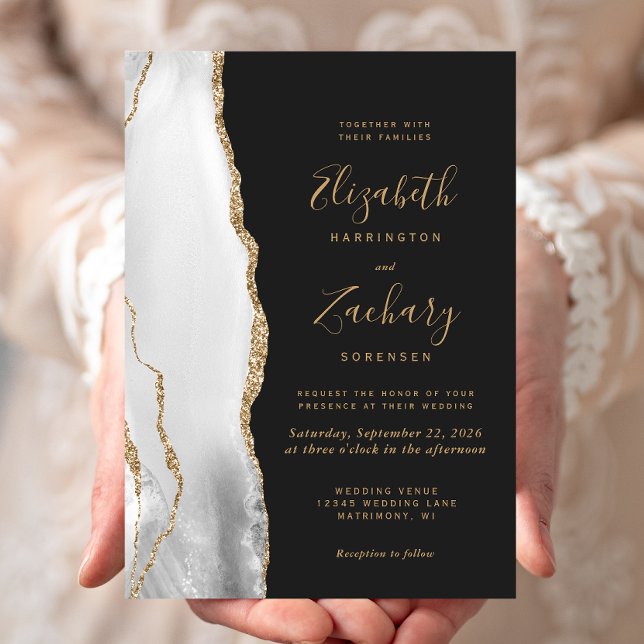 Invitation Mariage Moderne Agate Gris Blanc Or Sombre (Créateur téléchargé)