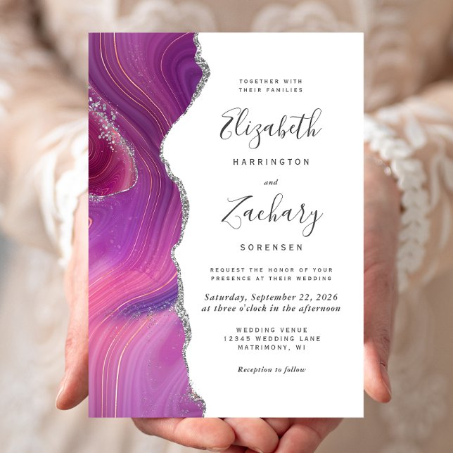 Invitation Mariage Moderne Agate Magenta Argent (Créateur téléchargé)