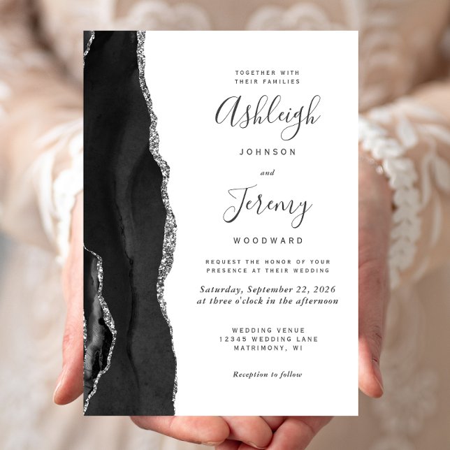 Invitation Mariage Moderne Agate Noir Argenté (Créateur téléchargé)