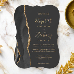 Invitation Mariage Moderne Agate Noir Or Foncé Support