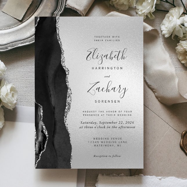 Invitation Mariage Moderne Agate Noire Argent (Créateur téléchargé)