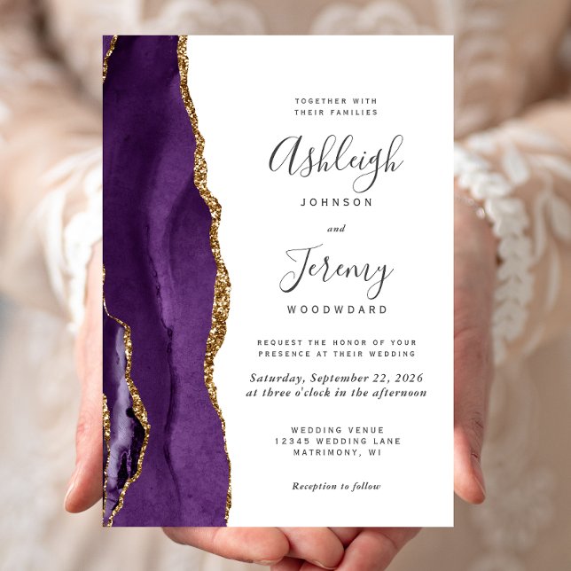 Invitation Mariage Moderne Agate Or Violet (Créateur téléchargé)