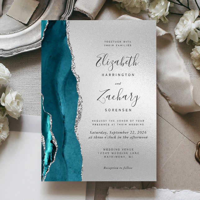 Invitation Mariage Moderne Agate Turquoise Argent (Créateur téléchargé)