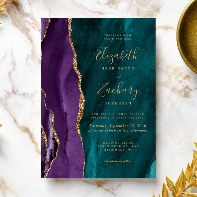 Invitation Mariage Moderne Agate Violet Turquoise Or (An elegant choice for a wedding with a purple and teal color palette.)