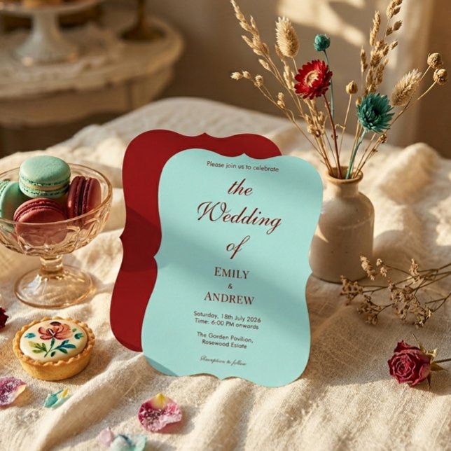 Invitation Mariage Moderne Aqua Sarcelle et Bourgogne Profond (Créateur téléchargé)