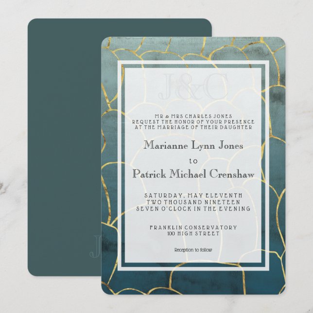 Invitation Mariage Moderne Aquamarine Foncé avec Veines Dorée (Devant / Derrière)