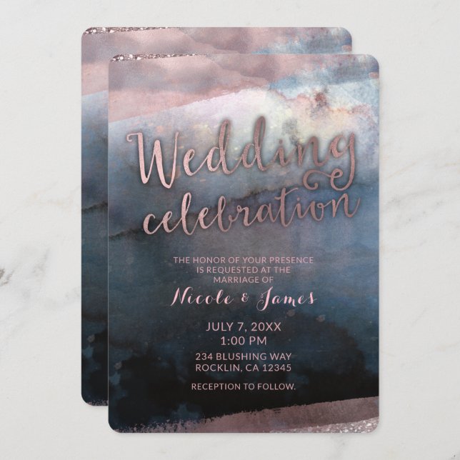 Invitation Mariage Moderne Aquarelle Bleu Et Rose Gold Rose (Devant / Derrière)