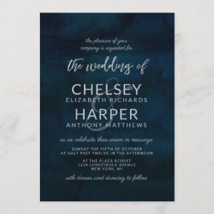 Invitation Mariage Moderne Aquarelle Bleu Foncé Lustré Navy