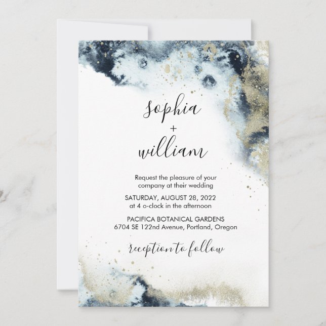 Invitation Mariage Moderne Aquarelle Bleu Nuit & Or (Devant)