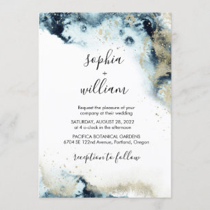 Invitation Mariage Moderne Aquarelle Bleu Nuit & Or