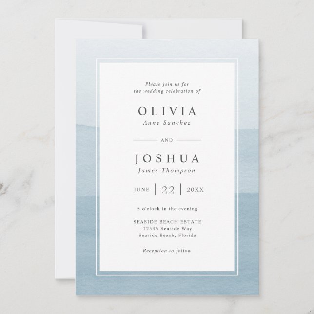 Invitation Mariage moderne aquarelle bleu poussiéreux (Devant)