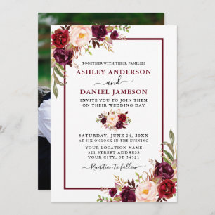 Invitation Mariage Moderne Aquarelle Bourgogne Photo Florale