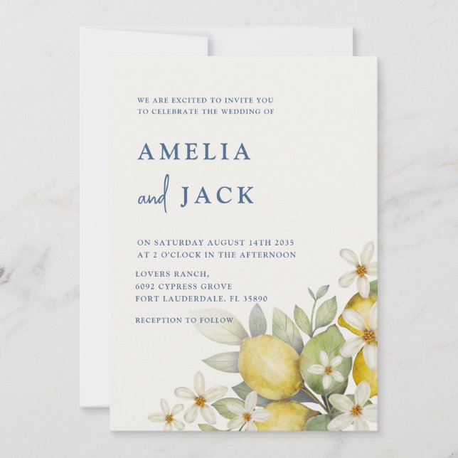 Invitation Mariage moderne aquarelle citrons et fleurs (Devant)