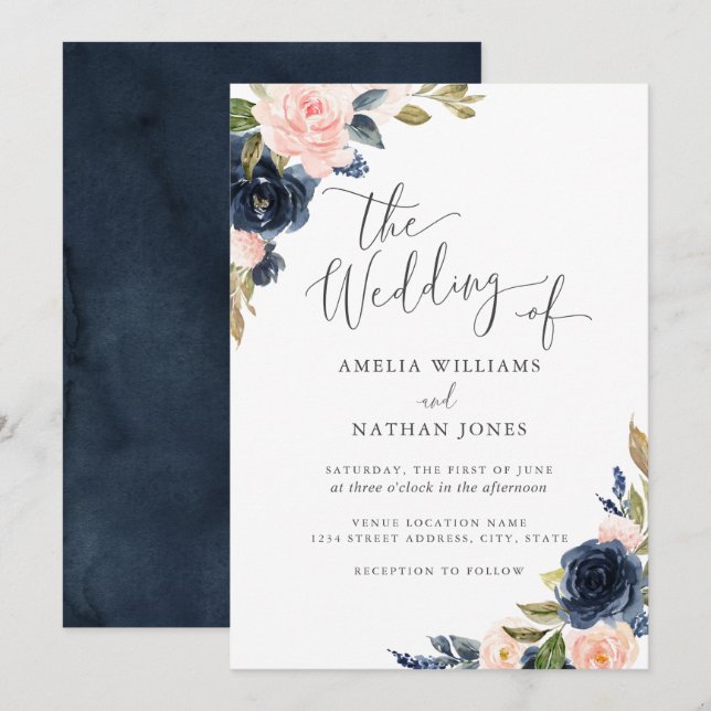 Invitation Mariage Moderne Aquarelle Floral Bleu Clair (Devant / Derrière)