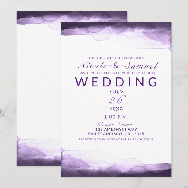 Invitation Mariage Moderne Aquarelle Prune Pourpre Améthyste (Devant / Derrière)