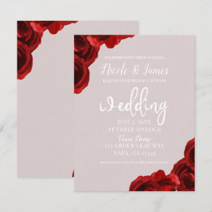 Invitation Mariage Moderne Aquarelle Roses Rouges Taupe