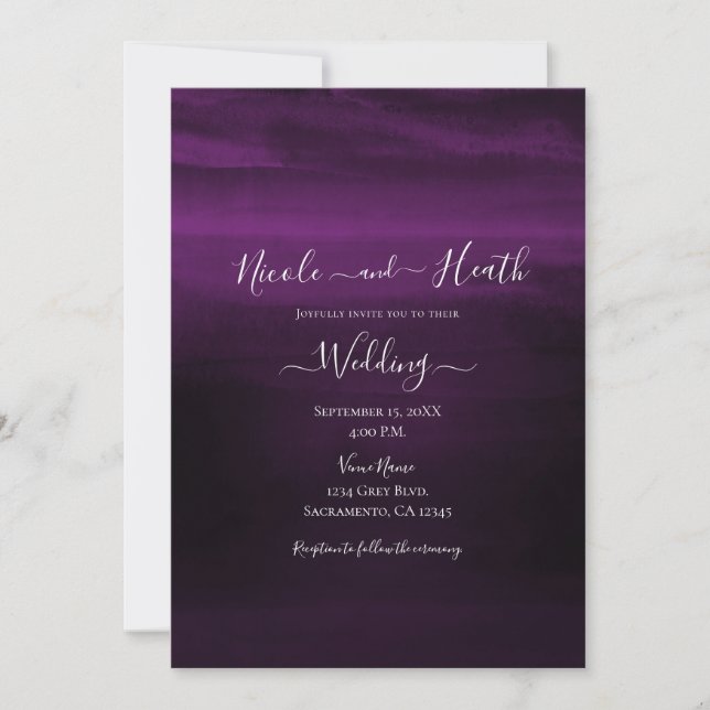 Invitation Mariage Moderne Aquarelle Violet Prune Maussade (Devant)