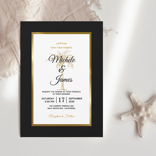 Invitation Mariage Moderne Arbre à Palmes Noir Blanc Or (Créateur téléchargé)