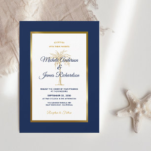 Invitation Mariage Moderne Arbre Palmier Or Bleu Marine Tropi