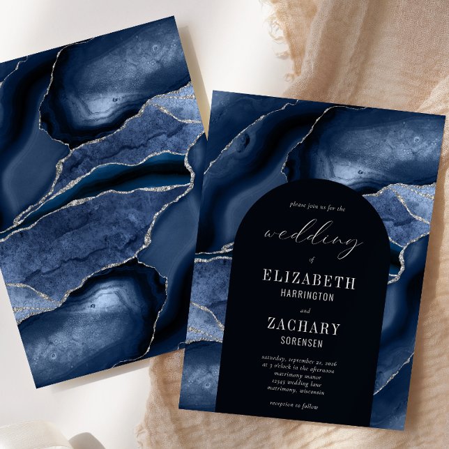 Invitation Mariage Moderne Arc Bleu Marine Agate Argent (Créateur téléchargé)