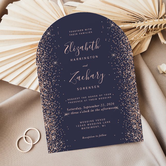 Invitation Mariage Moderne Arc Paillettes Bleu Foncé Or Rose (Créateur téléchargé)