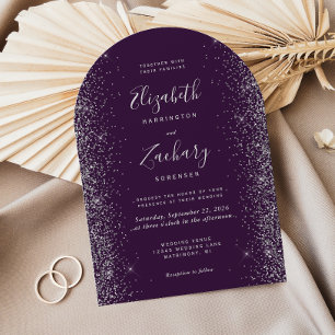 Invitation Mariage Moderne Arc Violet Argent Paillettes
