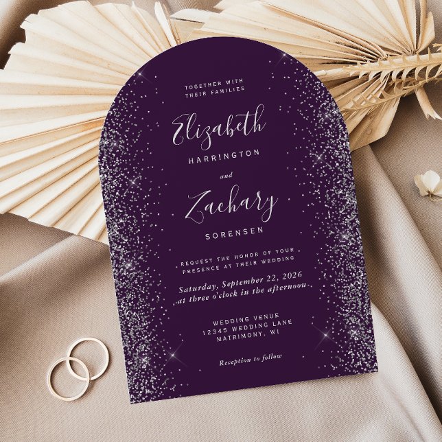Invitation Mariage Moderne Arc Violet Argent Paillettes (Créateur téléchargé)