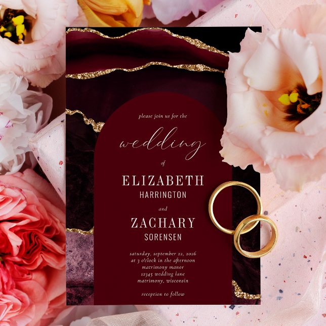 Invitation Mariage Moderne Arch Bourgogne Agate Or (Créateur téléchargé)