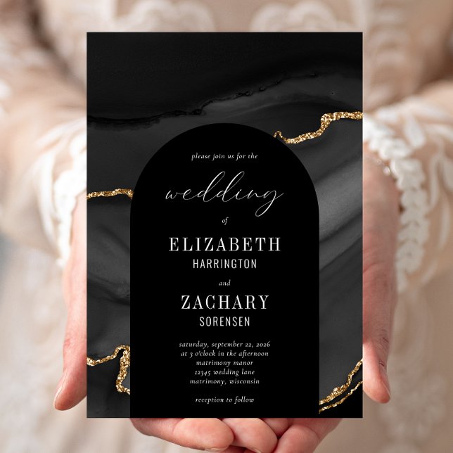 Invitation Mariage Moderne Arch Noir Agate Or (Créateur téléchargé)