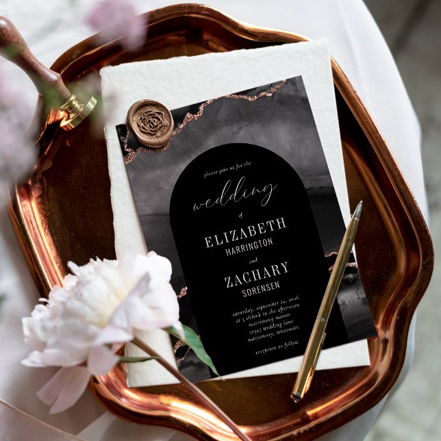 Invitation Mariage Moderne Arch Rose Or Agate Noir (Créateur téléchargé)