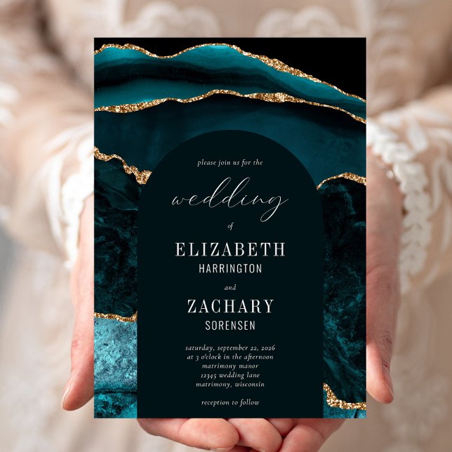 Invitation Mariage Moderne Arch Teal Or Agate (Créateur téléchargé)