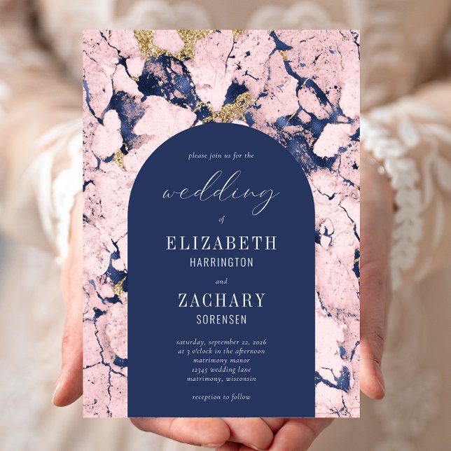 Invitation Mariage Moderne Arche Rose Bleu Marine Marbre (Créateur téléchargé)