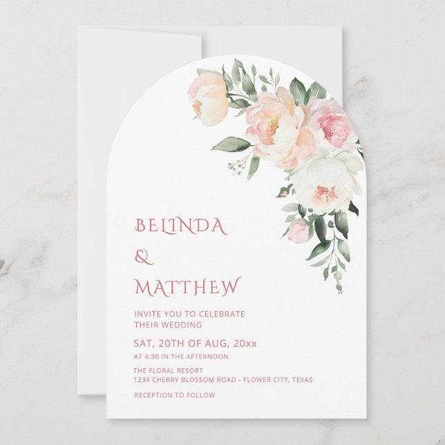 Invitation Mariage Moderne Arqué aux Roses à l'Aquarelle (Devant)