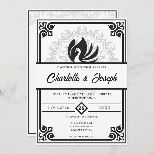 Invitation Mariage moderne Art déco cygne noir et blanc (Devant / Derrière)