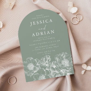Invitation Mariage Moderne Art Linéaire de Pivoine Vert Sauge