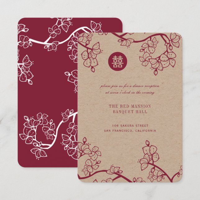 Invitation Mariage Moderne Asiatique Kraft Et Fleurs De Pruni (Devant / Derrière)