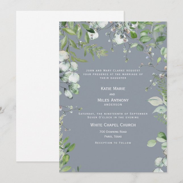 Invitation Mariage Moderne au Bleu Poussiéreux d'Eucalyptus (Devant / Derrière)