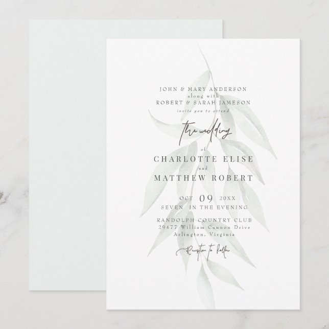Invitation Mariage Moderne au Feuillage Apaisé de Sauge Clair (Devant / Derrière)