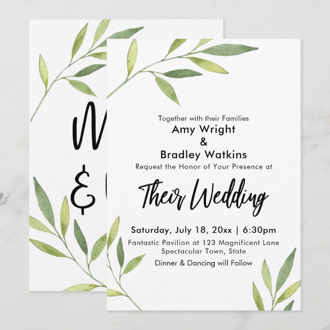 Invitation Mariage Moderne au Feuillage Aquarelle Verte (Devant / Derrière)